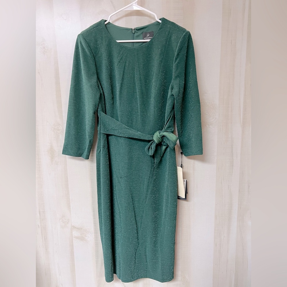 Adrianna Papell Emerald Green Sparkle Sheath Dress with Tie Waist